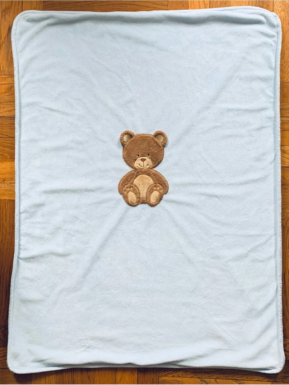 VTG Light Blue Baby Blanket with Brown Teddy Bear Applique